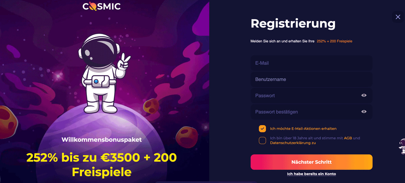 Cosmic Slot Casino anmeldet
